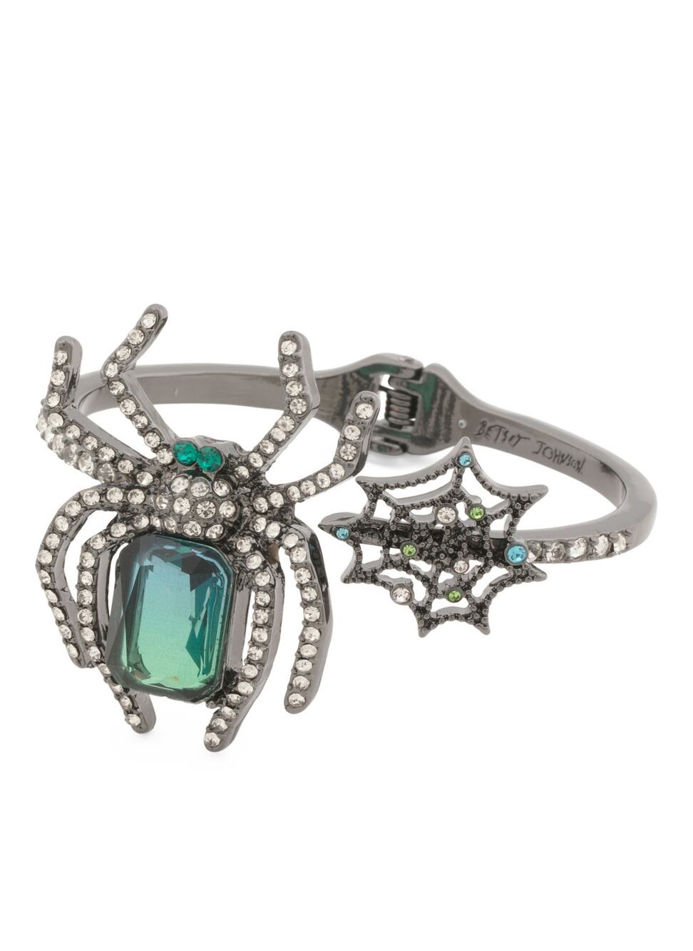 Betsey Johnson Spider W/ Web Hinged Bracelet Green Stone Halloween NEW